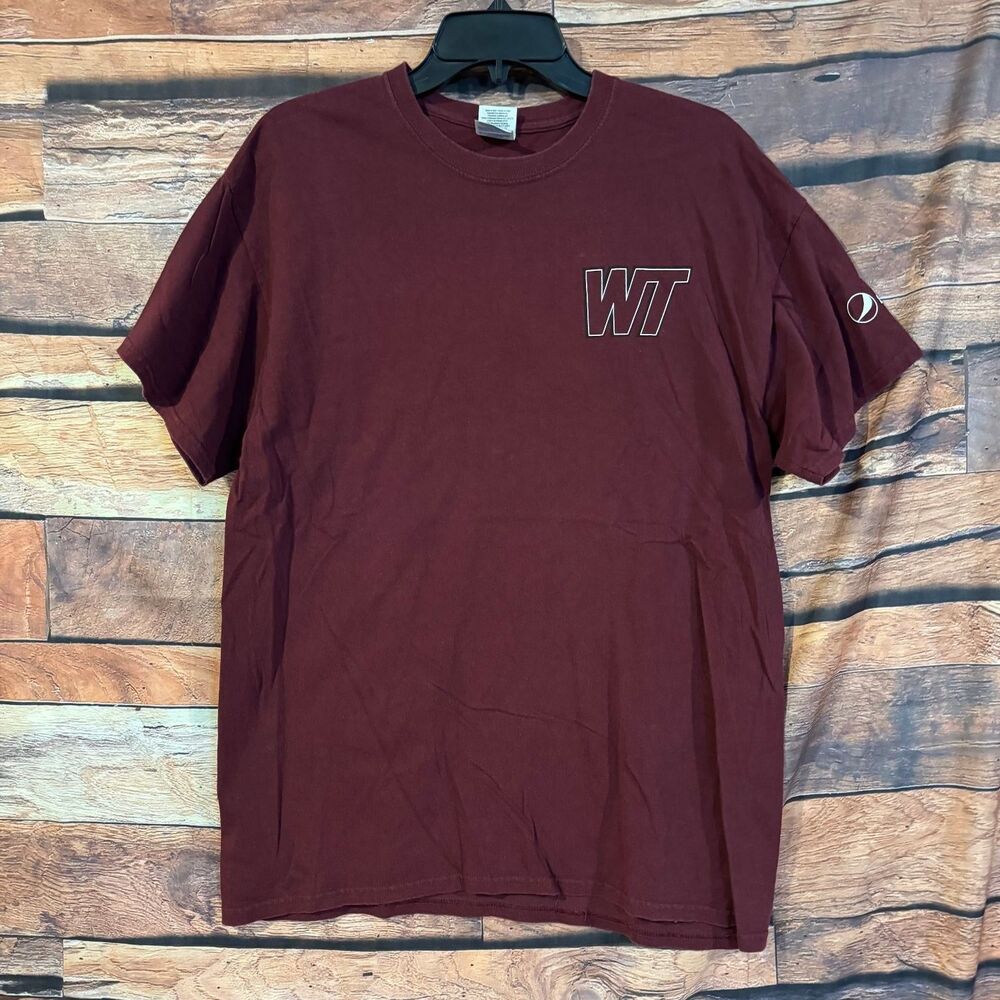 GILDAN Men's T-Shirt Large Maroon Heavy Cotton WTAMU Buffs Pepsi Logo Crew Neck